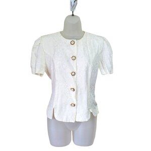VNTG JESSICA HOWARD Cardigan SZ 8‎ Ivy Brocade Pearl Button Puffy Sleeve USA